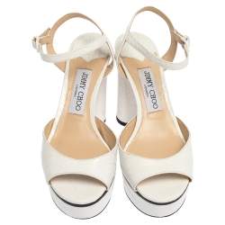 Pre Owned صندل جيمي تشو "بياشي" نعل سميك و سير كاحل جلد ثعبان بارز أبيض مقاس 37