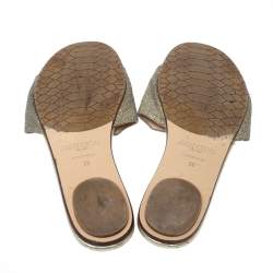 Pre Owned Jimmy Choo Metallic Gold Glitter Fabric Nanda Flat Slides Size 38