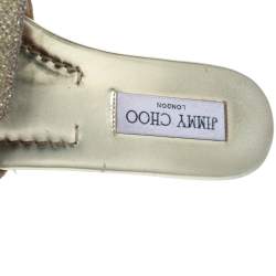 Pre Owned Jimmy Choo Metallic Gold Glitter Fabric Nanda Flat Slides Size 38