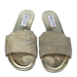 Pre Owned Jimmy Choo Metallic Gold Glitter Fabric Nanda Flat Slides Size 38