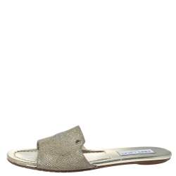 Pre Owned Jimmy Choo Metallic Gold Glitter Fabric Nanda Flat Slides Size 38