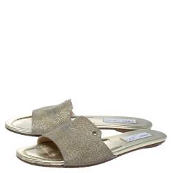Pre Owned Jimmy Choo Metallic Gold Glitter Fabric Nanda Flat Slides Size 38