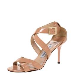 Pre Owned Jimmy Choo Beige Patent Leather Ankle Strap Sandals Sandals Size 37