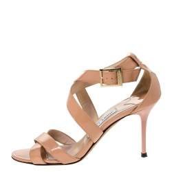 Pre Owned Jimmy Choo Beige Patent Leather Ankle Strap Sandals Sandals Size 37