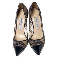 Pre Owned Jimmy Choo Blue Lace and Patent Amika Cap Toe Pointed Pumps Size 37