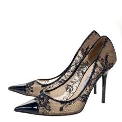 Pre Owned Jimmy Choo Blue Lace and Patent Amika Cap Toe Pointed Pumps Size 37