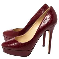 مملوكة مسبقًا Jimmy Choo Red Lizard Embossed Leather Cosmic Platform Pumps Size 36.5