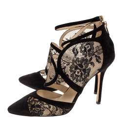 Pre Owned Jimmy Choo Black Suede Leather And Lace Cut Out Pointed Toe Sandals Size 38.5