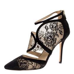 Pre Owned Jimmy Choo Black Suede Leather And Lace Cut Out Pointed Toe Sandals Size 38.5