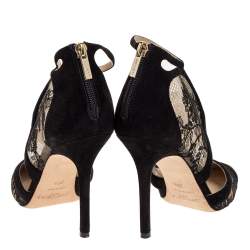 Pre Owned Jimmy Choo Black Suede Leather And Lace Cut Out Pointed Toe Sandals Size 38.5