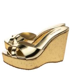 Pre Owned Jimmy Choo Gold Patent Leather Perfume Cork Wedge Platform Sandals Size 39.5