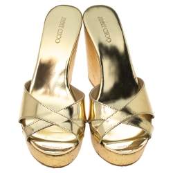 Pre Owned Jimmy Choo Gold Patent Leather Perfume Cork Wedge Platform Sandals Size 39.5