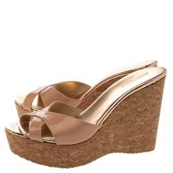 Pre Owned Jimmy Choo Beige Patent Leather Prima Cork Wedge Platform Sandals Size 39.5