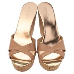 Pre Owned Jimmy Choo Beige Patent Leather Prima Cork Wedge Platform Sandals Size 39.5