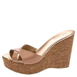 Pre Owned Jimmy Choo Beige Patent Leather Prima Cork Wedge Platform Sandals Size 39.5