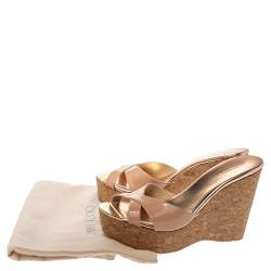 Pre Owned Jimmy Choo Beige Patent Leather Prima Cork Wedge Platform Sandals Size 39.5