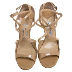 Pre Owned صندل جيمي تشو حزام كاحل لانس جلد لامع بيج مقاس 39