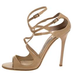 Pre Owned صندل جيمي تشو حزام كاحل لانس جلد لامع بيج مقاس 39