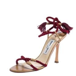 Pre Owned Jimmy Choo Red Cotton Rope Ankle Wrap Sandals Size 36.5