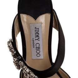 Pre Owned Jimmy Choo Black Satin Crystal Buckle Embellished Smokey Mules Size 38