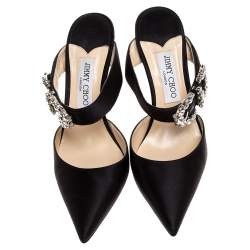 Pre Owned Jimmy Choo Black Satin Crystal Buckle Embellished Smokey Mules Size 38