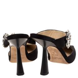 Pre Owned Jimmy Choo Black Satin Crystal Buckle Embellished Smokey Mules Size 38