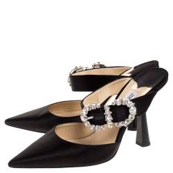 Pre Owned Jimmy Choo Black Satin Crystal Buckle Embellished Smokey Mules Size 38