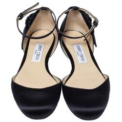 Pre Owned Jimmy Choo Black Satin Kirsty Bow Ankle Strap Ballet Flat Size 37.5