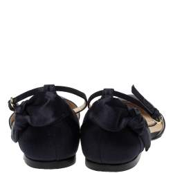 Pre Owned Jimmy Choo Black Satin Kirsty Bow Ankle Strap Ballet Flat Size 37.5