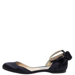 Pre Owned Jimmy Choo Black Satin Kirsty Bow Ankle Strap Ballet Flat Size 37.5