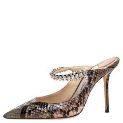 Pre Owned Jimmy Choo Brown/Beige Python Leather Bing 65 Crystal Embellished Pointed Toe Mules Size 38