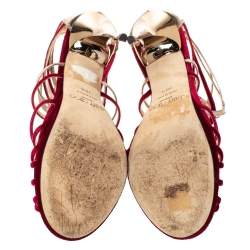مملوكة مسبقًا Jimmy Choo Red Velvet And Leather Maury Cage Sandals Size 38.5
