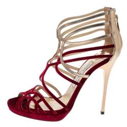 مملوكة مسبقًا Jimmy Choo Red Velvet And Leather Maury Cage Sandals Size 38.5
