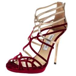 مملوكة مسبقًا Jimmy Choo Red Velvet And Leather Maury Cage Sandals Size 38.5