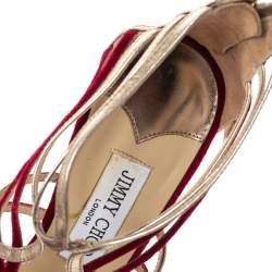 مملوكة مسبقًا Jimmy Choo Red Velvet And Leather Maury Cage Sandals Size 38.5