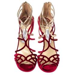 مملوكة مسبقًا Jimmy Choo Red Velvet And Leather Maury Cage Sandals Size 38.5