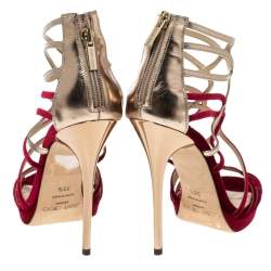 مملوكة مسبقًا Jimmy Choo Red Velvet And Leather Maury Cage Sandals Size 38.5
