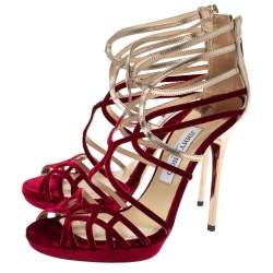 مملوكة مسبقًا Jimmy Choo Red Velvet And Leather Maury Cage Sandals Size 38.5