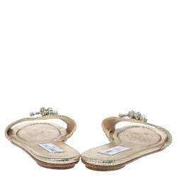 Pre Owned Jimmy Choo Gold Glitter Fabric Crystal Embellished Flat Slides Size 38