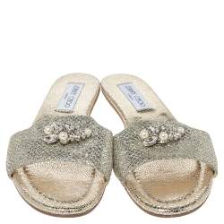 Pre Owned Jimmy Choo Gold Glitter Fabric Crystal Embellished Flat Slides Size 38