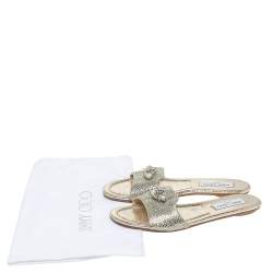 Pre Owned Jimmy Choo Gold Glitter Fabric Crystal Embellished Flat Slides Size 38