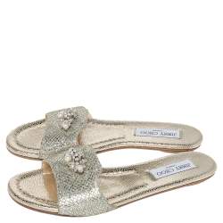 Pre Owned Jimmy Choo Gold Glitter Fabric Crystal Embellished Flat Slides Size 38