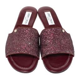 Pre Owned Jimmy Choo Burgundy Twilight Glitter Fabric Nanda Slide Flats Size 38.5