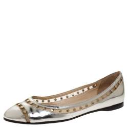 Jimmy Choo Metallic Silver Leather and Mesh Studded Wes Ballet Flats Size 38