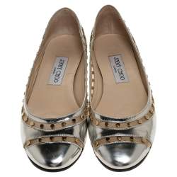 Jimmy Choo Metallic Silver Leather and Mesh Studded Wes Ballet Flats Size 38