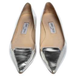 Pre Owned Jimmy Choo Metallic Silver Leather Attila Ballet Flats Size 38.5