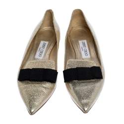 Jimmy Choo Metallic Gold Textured Leather Gala Bow Ballet Flats Size 37.5