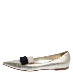 Jimmy Choo Metallic Gold Textured Leather Gala Bow Ballet Flats Size 37.5