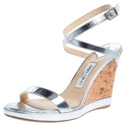 Pre Owned Jimmy Choo Silver Leather Cork Wedge Ankle Strap Sandals Size 40