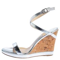 Pre Owned Jimmy Choo Silver Leather Cork Wedge Ankle Strap Sandals Size 40